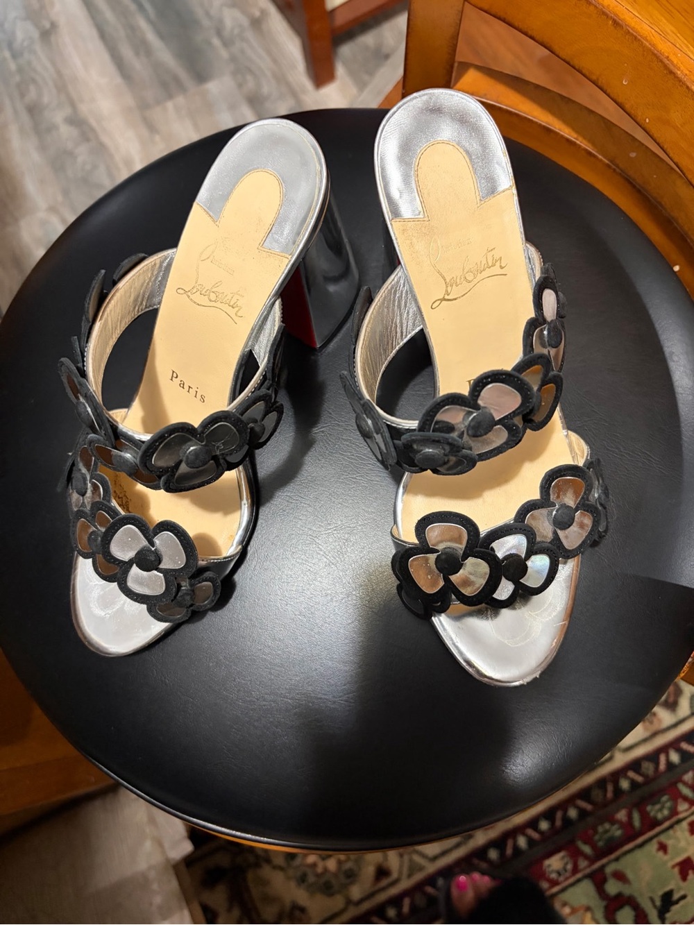 Christian Louboutin Black Floral Appliquรฉ Heels with Silver Insoles
